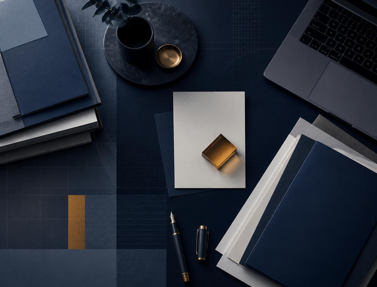 Solicitor's desk with documents, pen and laptop viewed from above